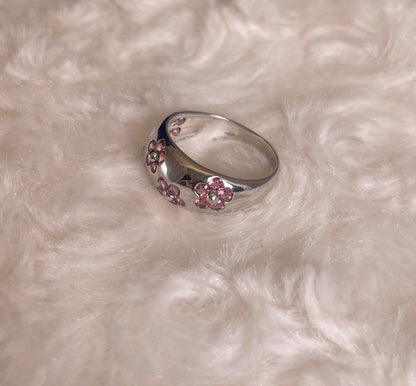 9ct White Gold Dome Dress Ring Set with Five Cluster Pink Sapphire flowers