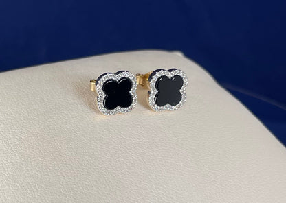 9ct Yellow Gold Onyx & Diamond Clover Earrings