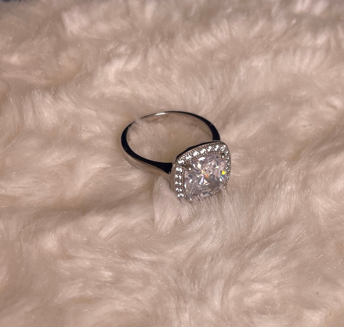 Rhodium-Plated Silver Large Cushion Shape Cubic Zirconia Cluster Ring