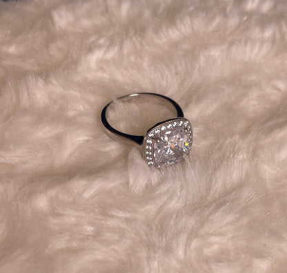 Rhodium-Plated Silver Large Cushion Shape Cubic Zirconia Cluster Ring