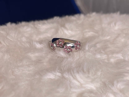 9ct White Gold Dome Dress Ring Set with Five Cluster Pink Sapphire flowers