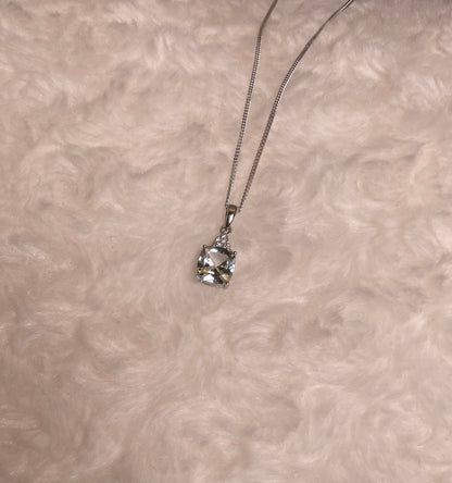 9ct White Gold Cushion Shape Aquamarine with Diamond Chips Pendant Necklace