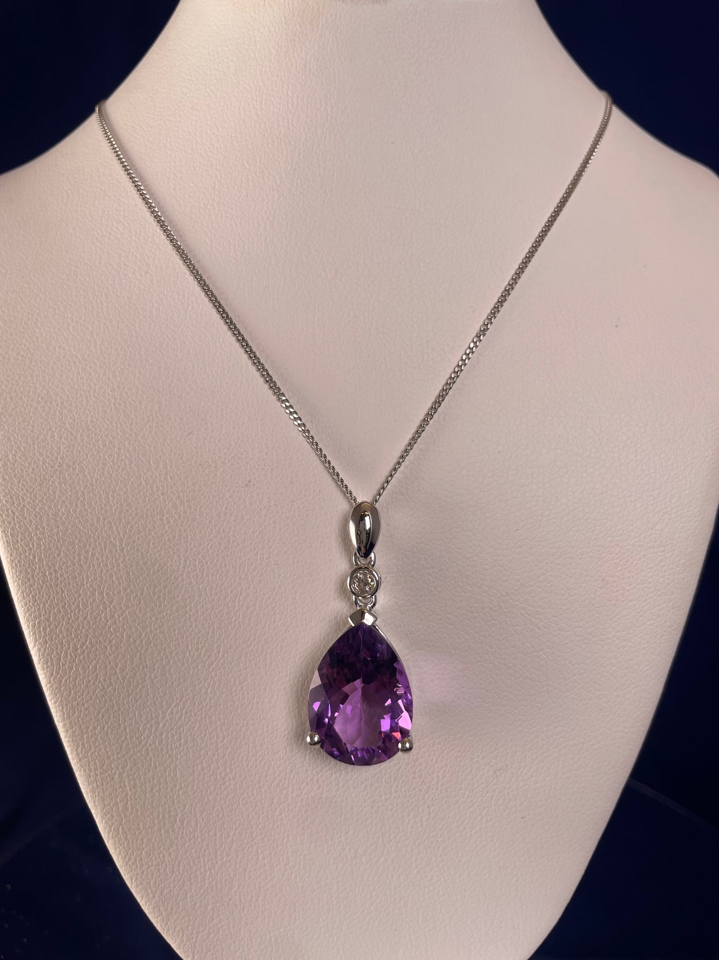 9ct White Gold Pear Shape Amethyst + One Diamond Pendant Necklace