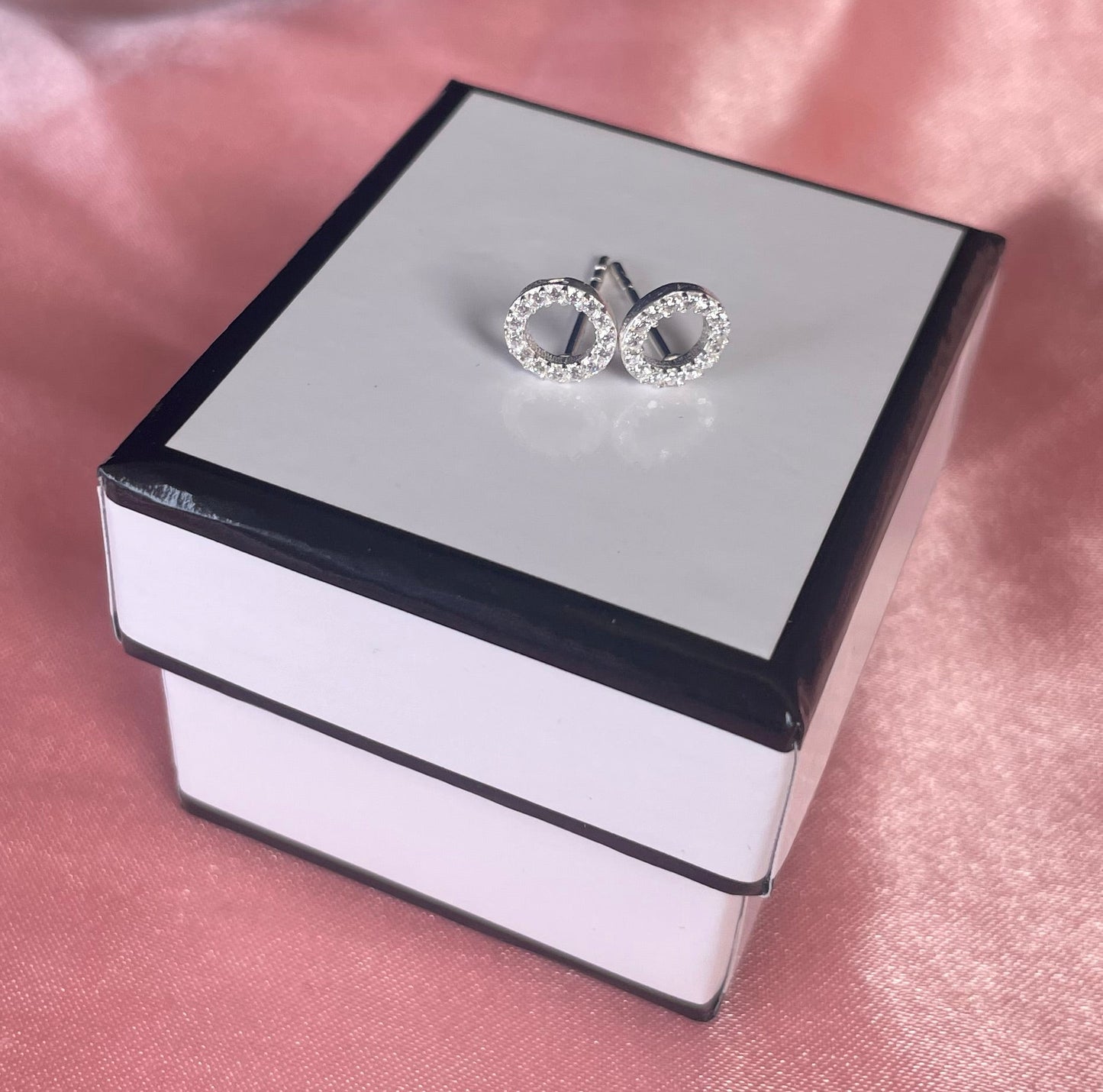 Circle Stud Earrings With Cubic Zirconia Silver Rhodium Plated Silver