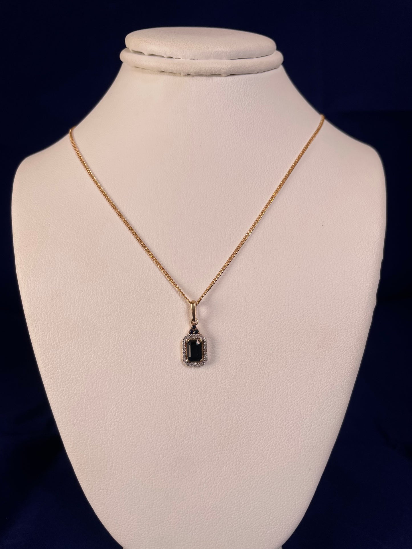 9ct Yellow Gold Emerald Cut Red Sapphire & Diamond Cluster Pendant Necklace