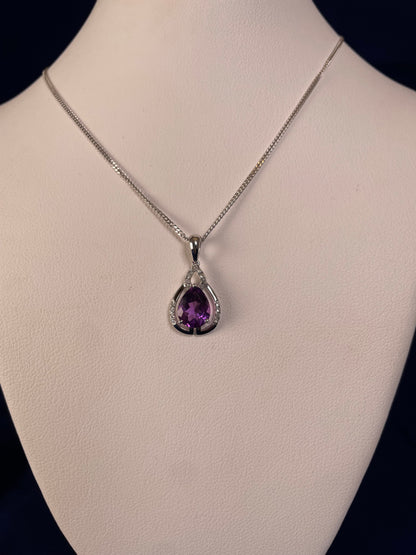 9ct White Gold Pear Amethyst & Diamond Pendant Necklace