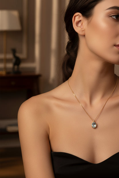 9ct Yellow Gold Oval Aquamarine Pendant Necklace