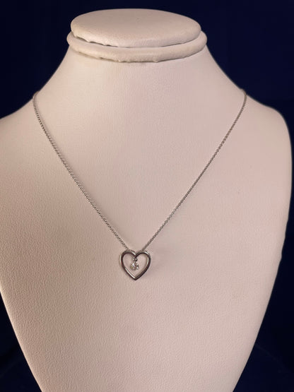 9ct White Gold Open Heart Pendant with Floating Diamond