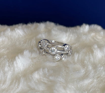 Rhodium-Plated Silver Three Row Boodle Ring with Cubic Zirconia
