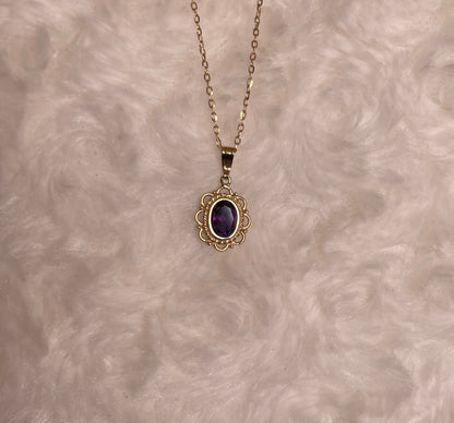 9ct Yellow Gold Rubover Set Oval Amethyst with Filigree Surround Pendant Necklace