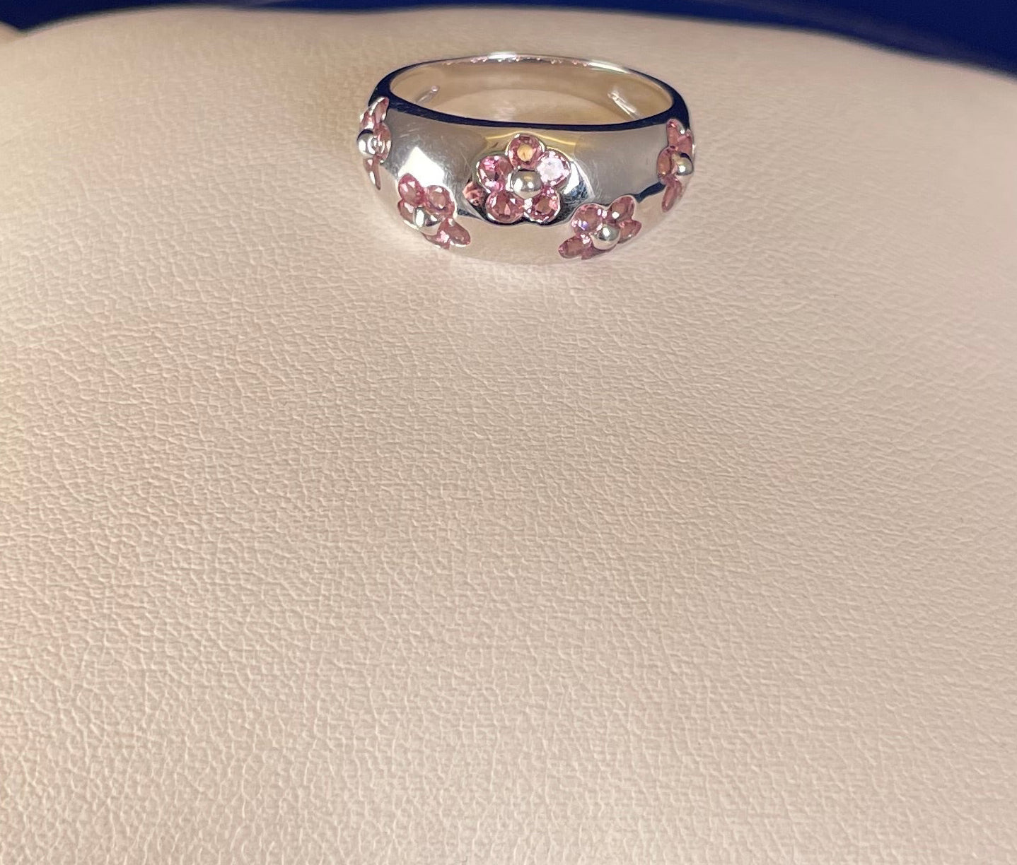 9ct White Gold Dome Dress Ring Set with Five Cluster Pink Sapphire flowers