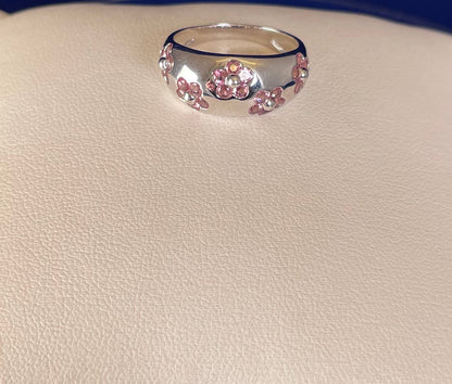 9ct White Gold Dome Dress Ring Set with Five Cluster Pink Sapphire flowers