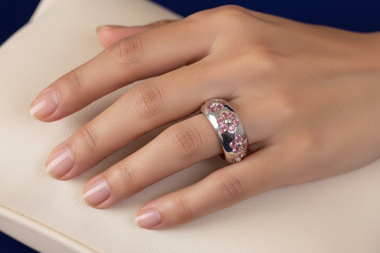 9ct White Gold Dome Dress Ring Set with Five Cluster Pink Sapphire flowers