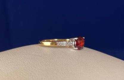 9ct Yellow Gold Garnet Set Dress Ring with Diamond chips