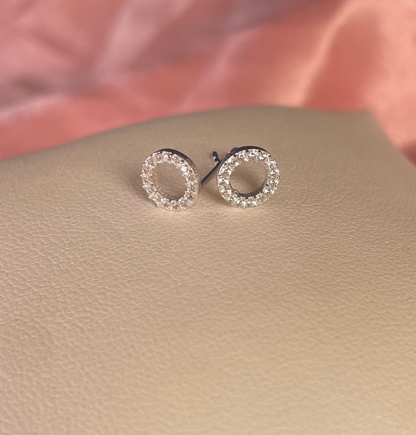 Circle Stud Earrings With Cubic Zirconia Silver Rhodium Plated Silver