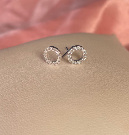 Circle Stud Earrings With Cubic Zirconia Silver Rhodium Plated Silver