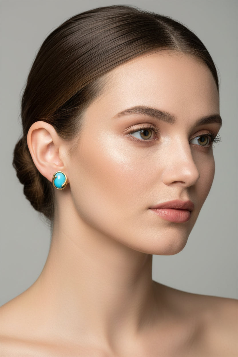 9ct Yellow Gold Oval Turquoise Cabochon Stud Earring