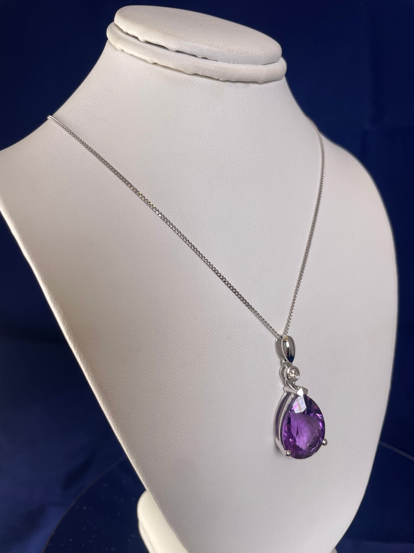9ct White Gold Pear Shape Amethyst + One Diamond Pendant Necklace