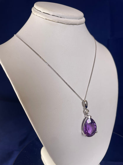 9ct White Gold Pear Shape Amethyst + One Diamond Pendant Necklace