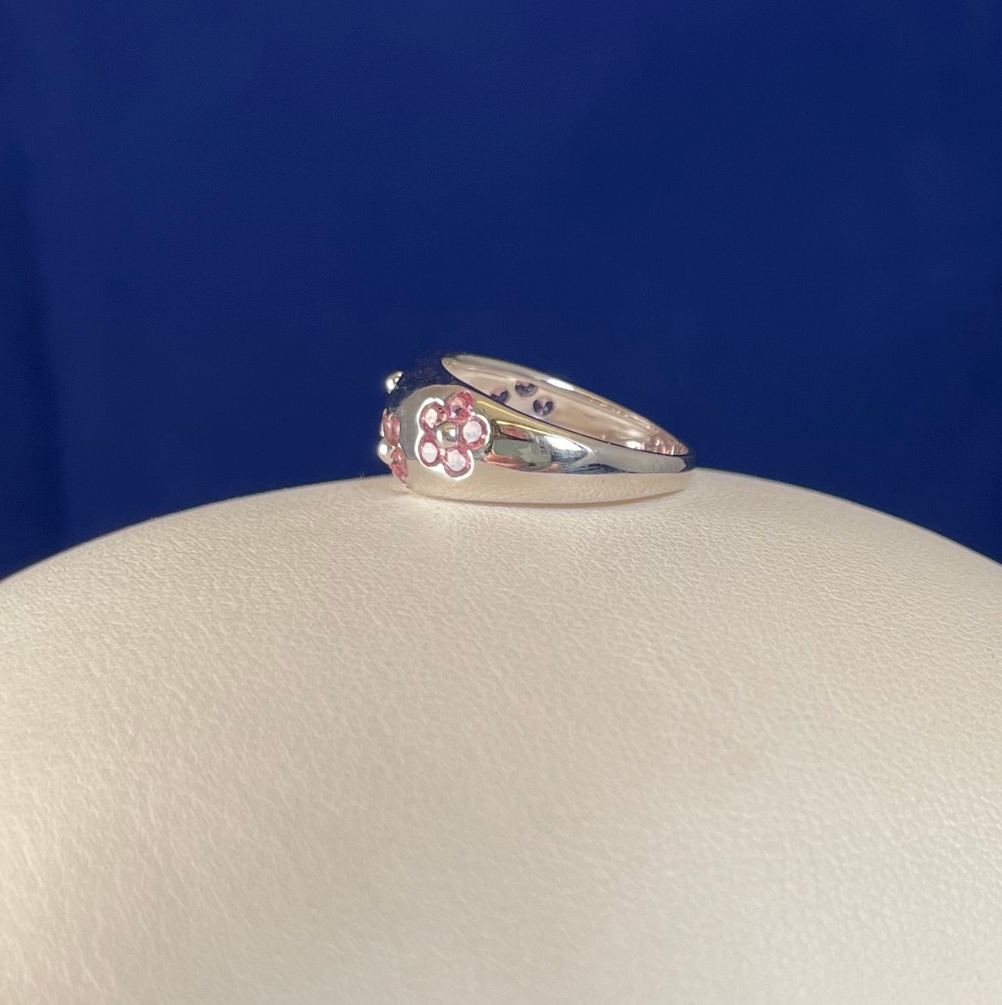 9ct White Gold Dome Dress Ring Set with Five Cluster Pink Sapphire flowers
