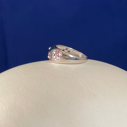 9ct White Gold Dome Dress Ring Set with Five Cluster Pink Sapphire flowers