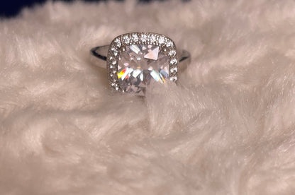 Rhodium-Plated Silver Large Cushion Shape Cubic Zirconia Cluster Ring