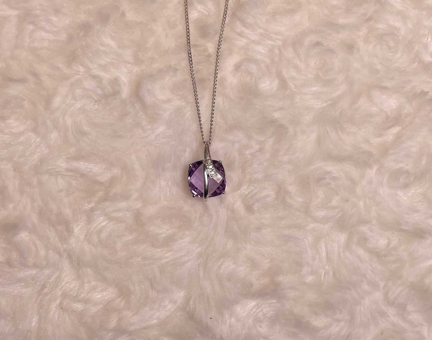 9ct White Gold Amethyst Pendant with Diamond Bale Surround Necklace