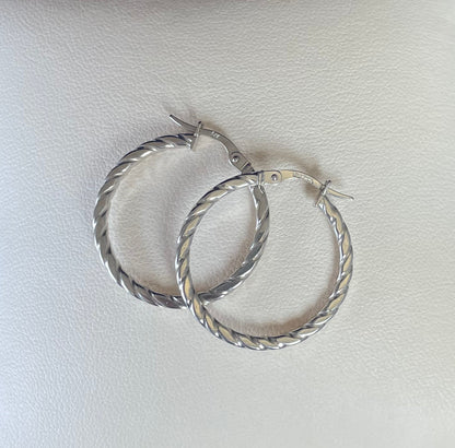 9ct White Gold Flat Twist Hoop Earrings