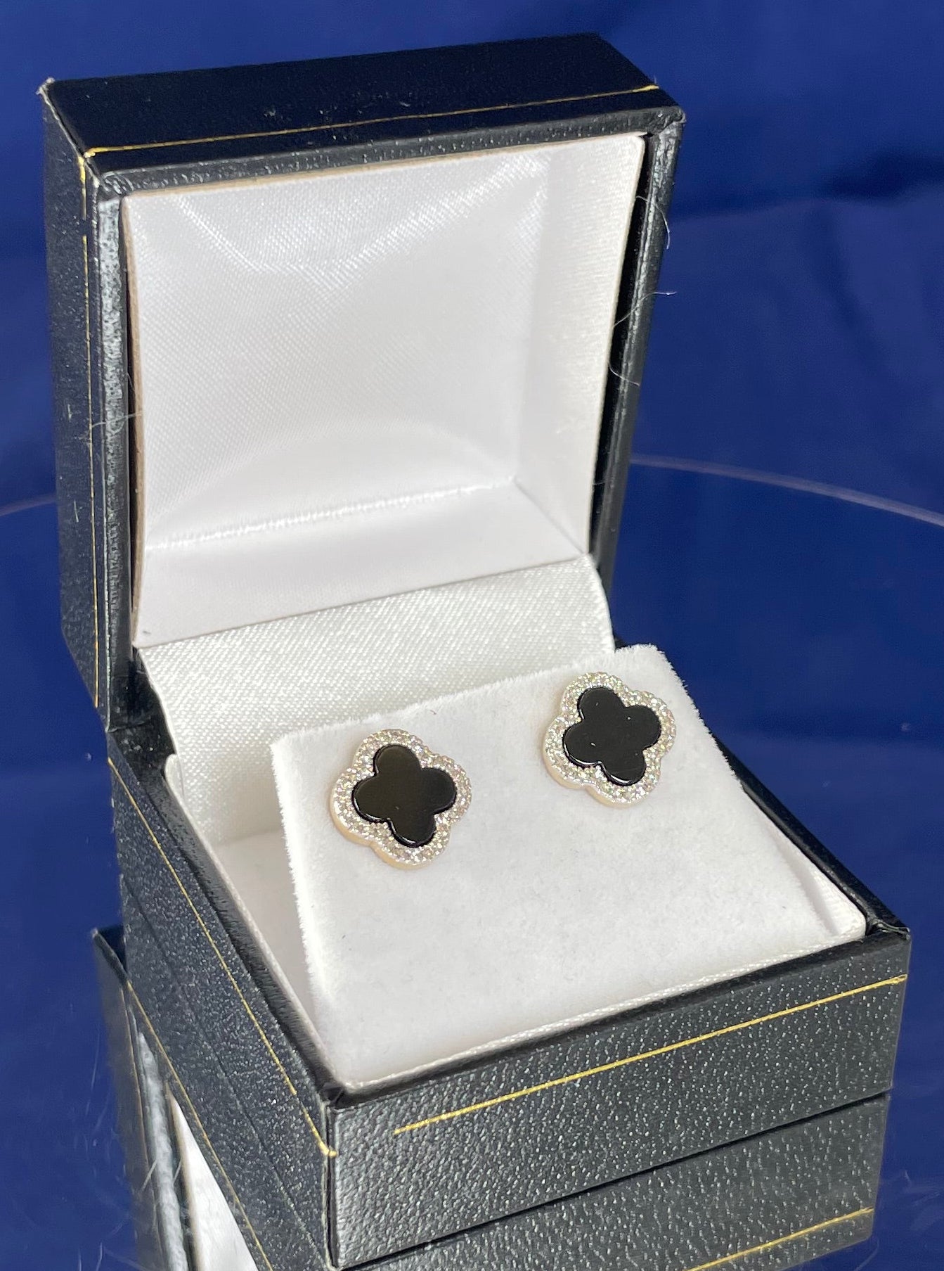 9ct Yellow Gold Onyx & Diamond Clover Earrings