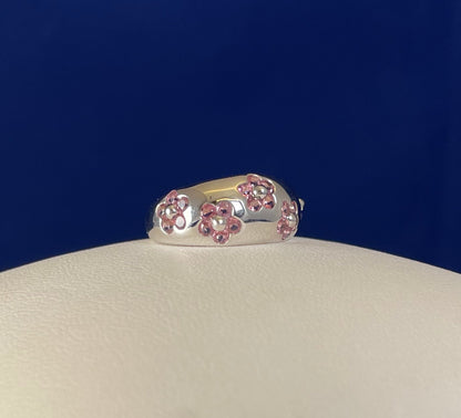 9ct White Gold Dome Dress Ring Set with Five Cluster Pink Sapphire flowers