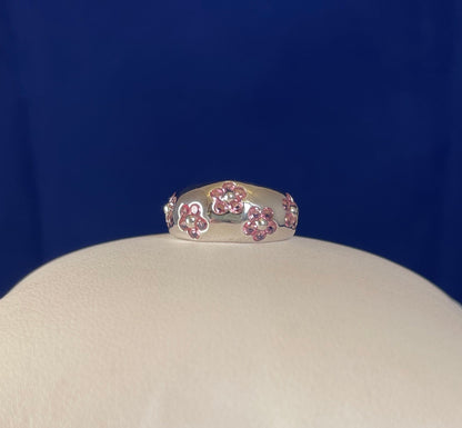 9ct White Gold Dome Dress Ring Set with Five Cluster Pink Sapphire flowers