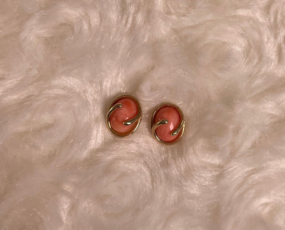 9ct Yellow Gold Oval Coral Cabochon Stud Earring