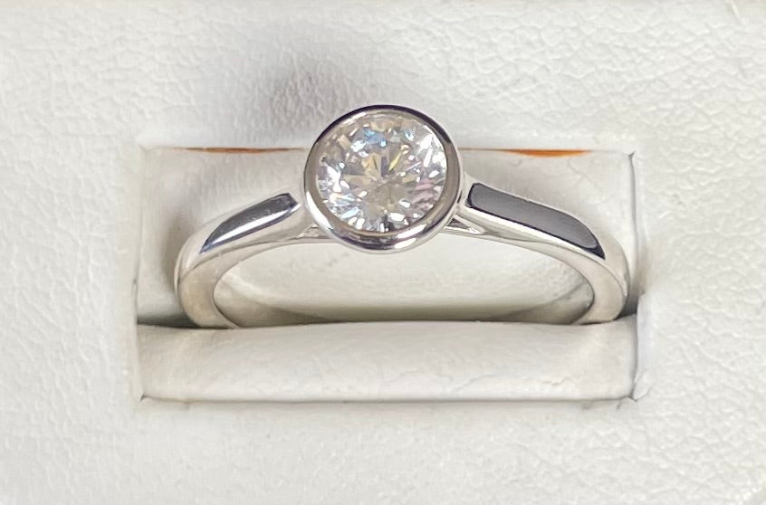 Round Cut Solitaire Cubic Zirconia Bezel Set Rhodium Plated