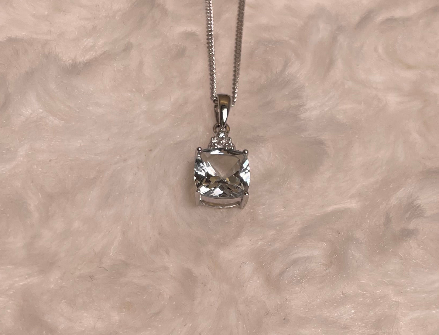 9ct White Gold Cushion Shape Aquamarine with Diamond Chips Pendant Necklace