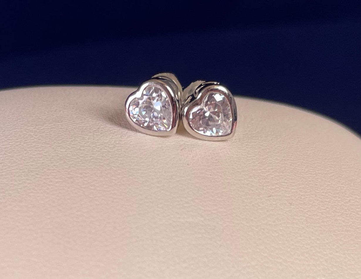 Rhodium-Plated Silver Heart Earrings With Cubic Zirconia