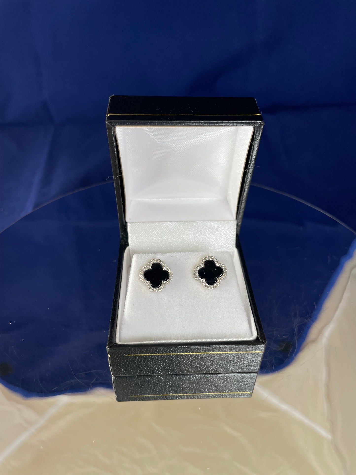 9ct Yellow Gold Onyx & Diamond Clover Earrings