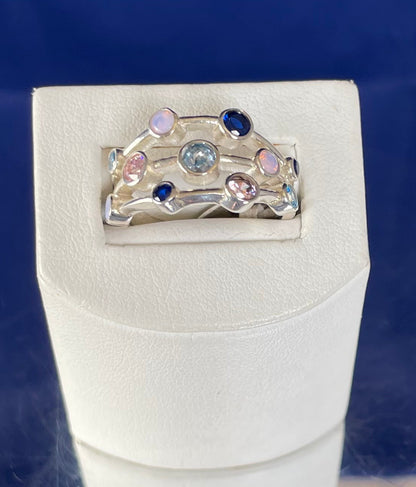 Rhodium-Plated Silver Boodle Ring With Coloured Cubic Zirconia
