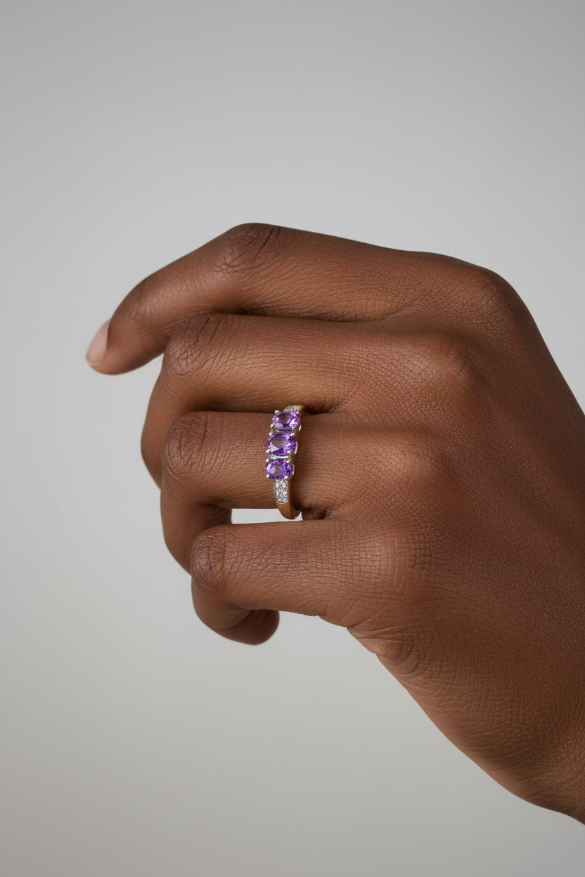 9ct Yellow Gold Ring with Oval Amethysts & Diamonds