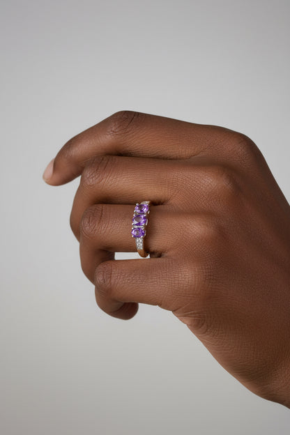 9ct Yellow Gold Ring with Oval Amethysts & Diamonds