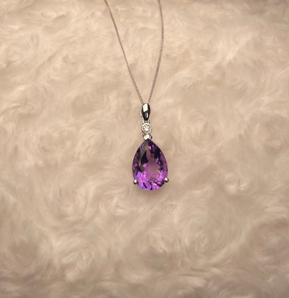9ct White Gold Pear Shape Amethyst + One Diamond Pendant Necklace