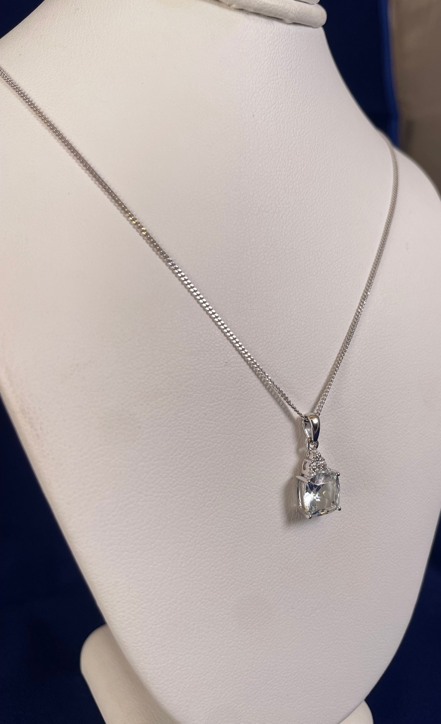 9ct White Gold Cushion Shape Aquamarine with Diamond Chips Pendant Necklace