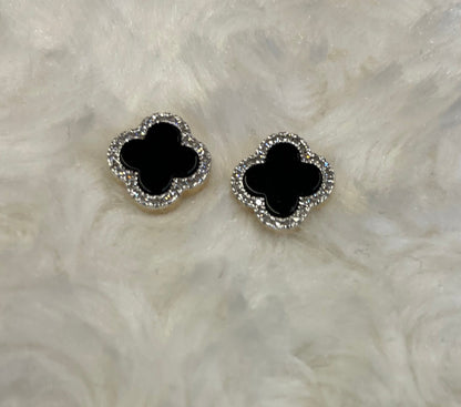 9ct Yellow Gold Onyx & Diamond Clover Earrings
