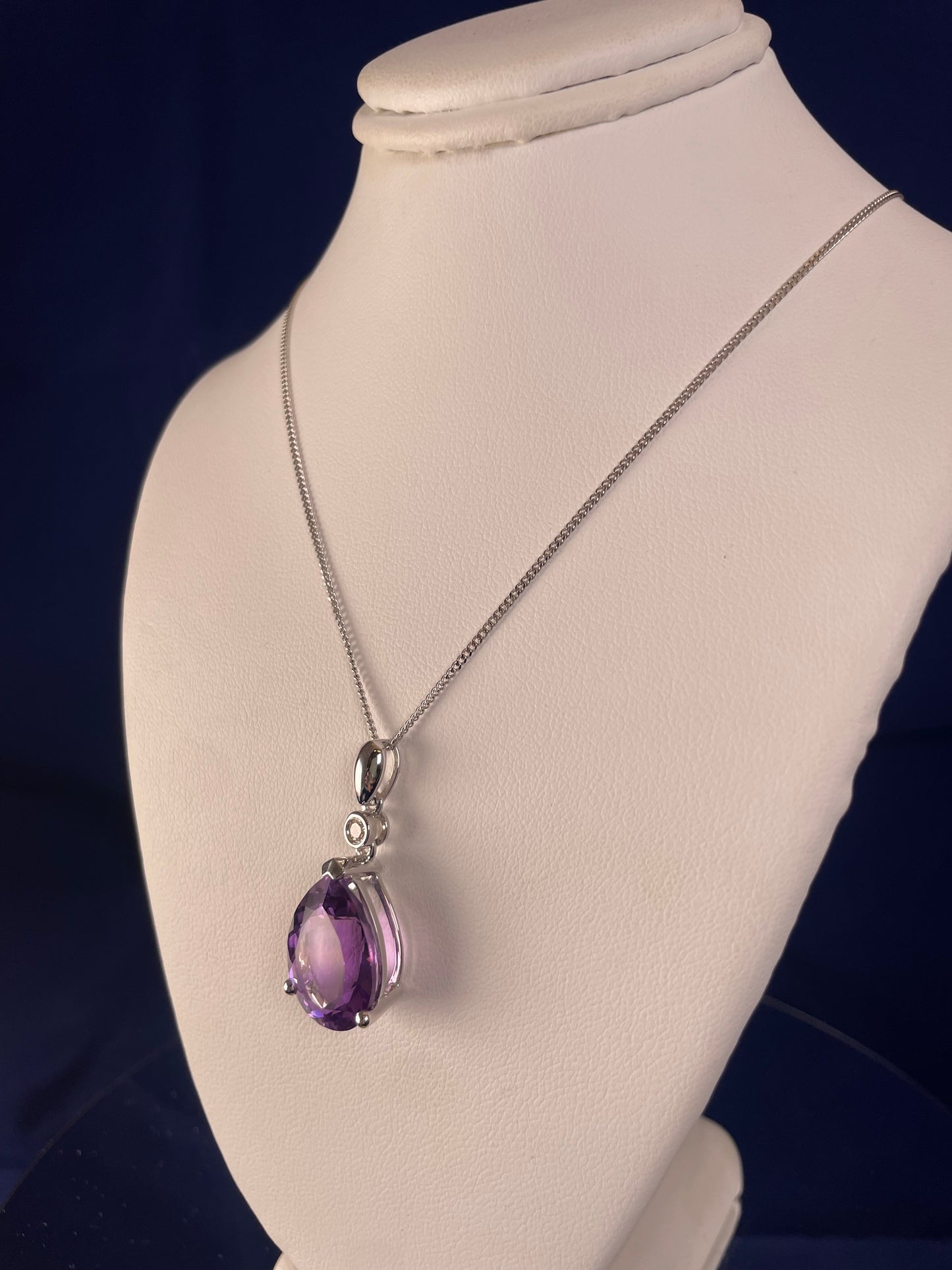 9ct White Gold Pear Shape Amethyst + One Diamond Pendant Necklace