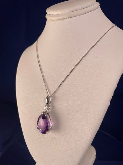 9ct White Gold Pear Shape Amethyst + One Diamond Pendant Necklace