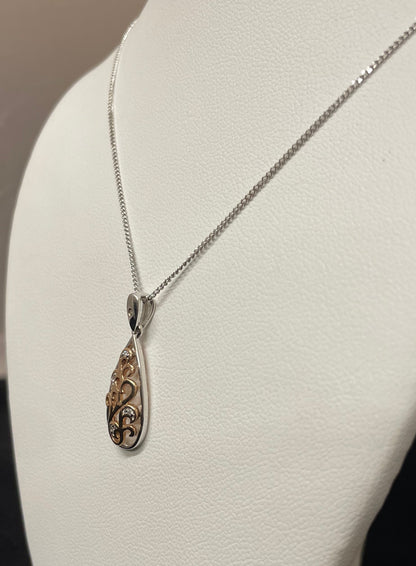 9ct White & Rose Gold Pear Shape Pendant Set With Diamonds Necklace