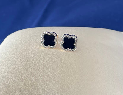 9ct Yellow Gold Onyx & Diamond Clover Earrings