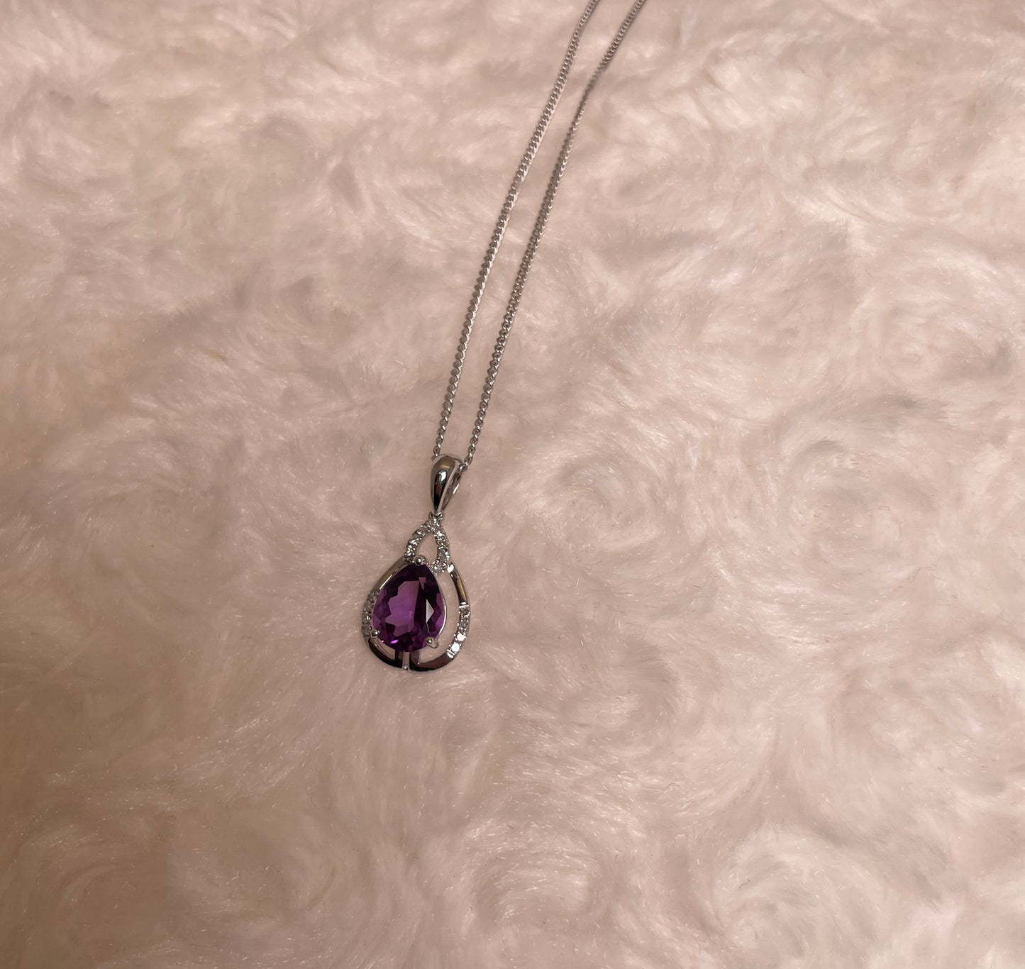 9ct White Gold Pear Amethyst & Diamond Pendant Necklace