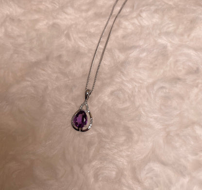 9ct White Gold Pear Amethyst & Diamond Pendant Necklace