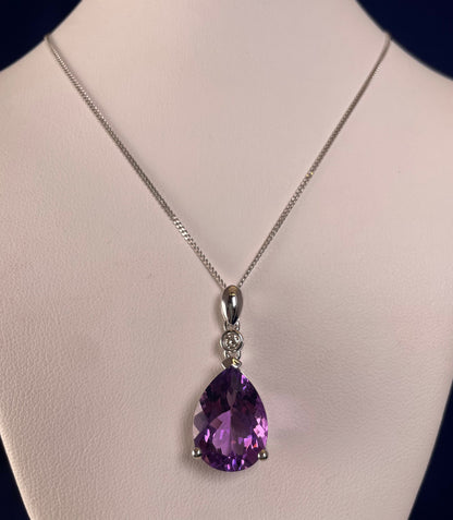 9ct White Gold Pear Shape Amethyst + One Diamond Pendant Necklace