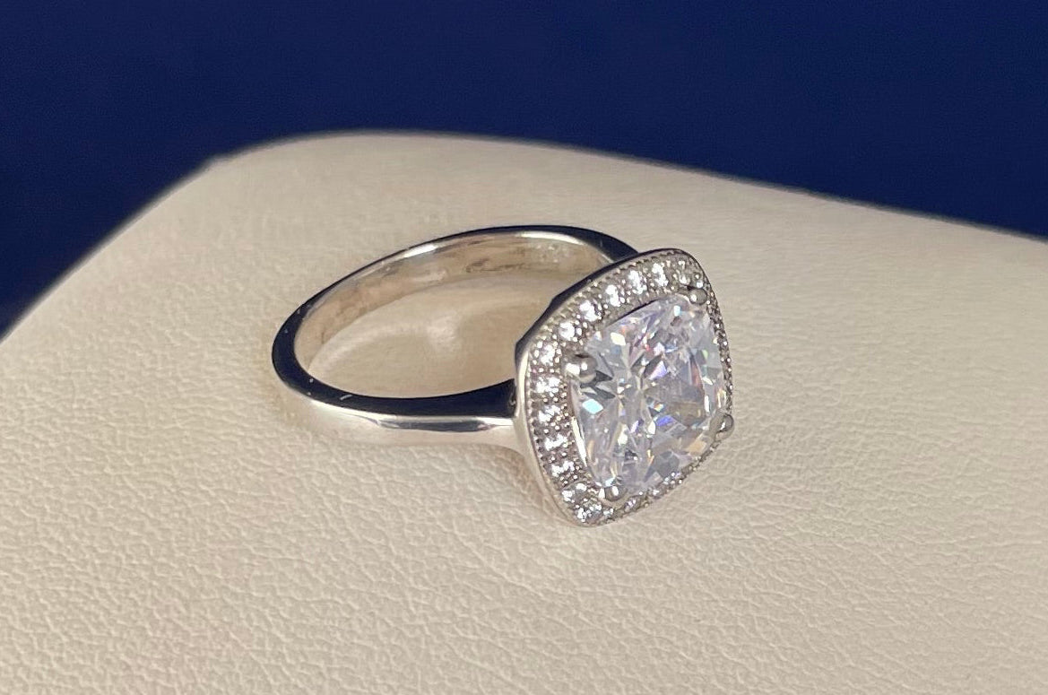 Large Cushion Shape Cubic Zirconia Cluster Rhodium Plated Ring